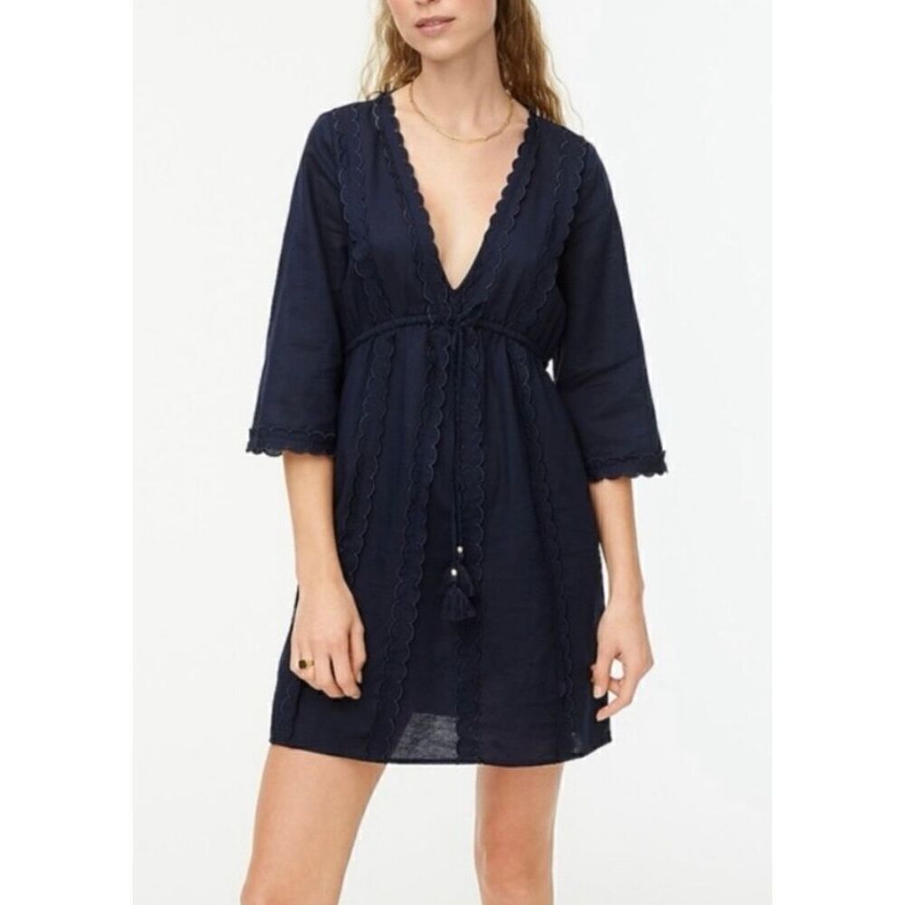 NWT J. Crew Linen Blend V-Neck Scalloped Drawstring Tunic Cover Up Dress Small